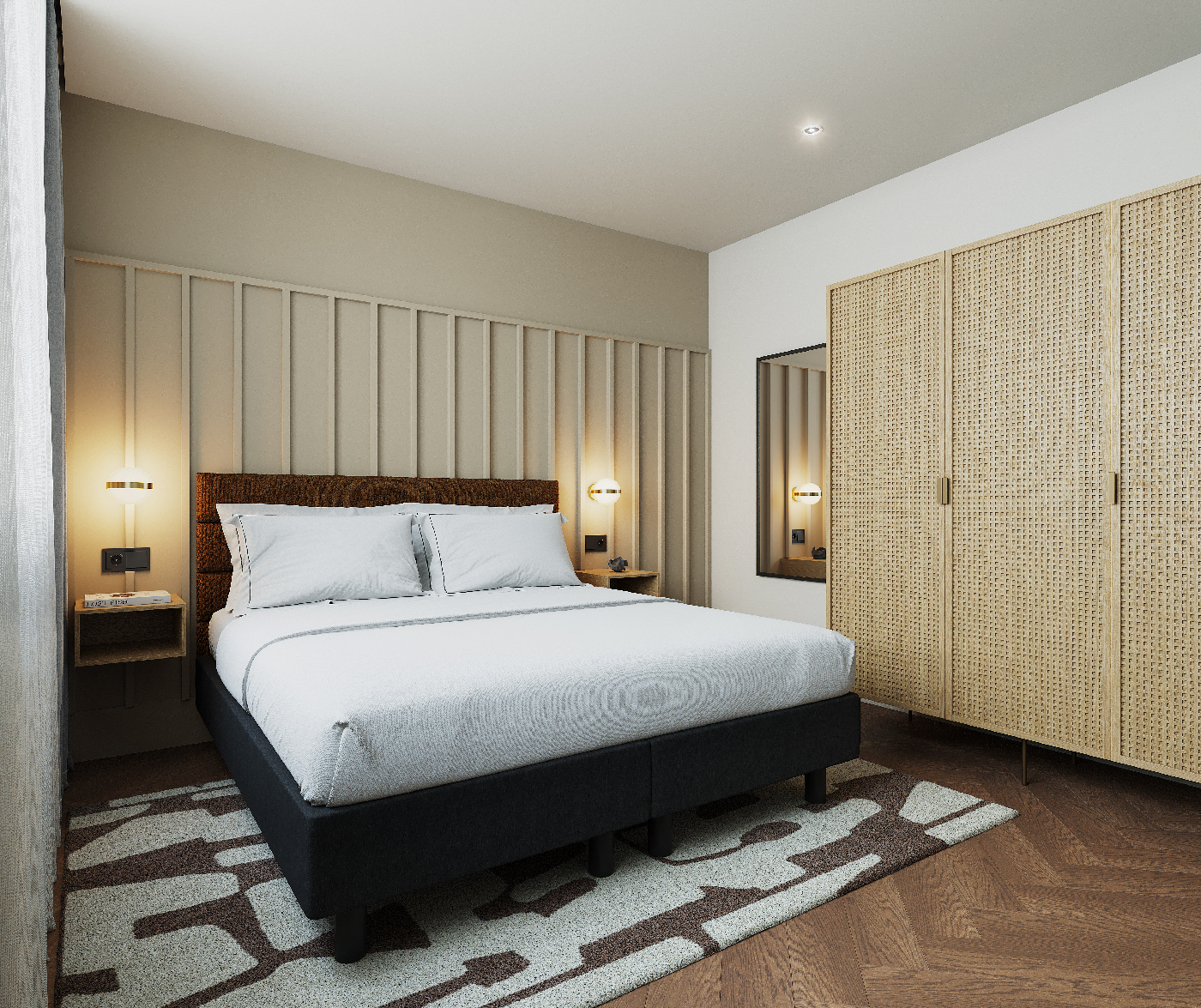 King-size bed, bedside lights, and spacious wardrobe storage inside the two bedroom apartment at master Wola Warsaw.